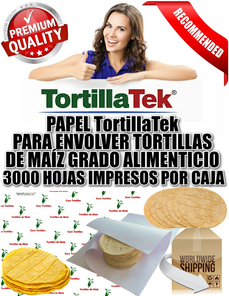 Tortillaworld sells printed pre-cut paper used for wrapping hot corn tortillas by the case of 3,000 Food Grade FDA registered sheets.