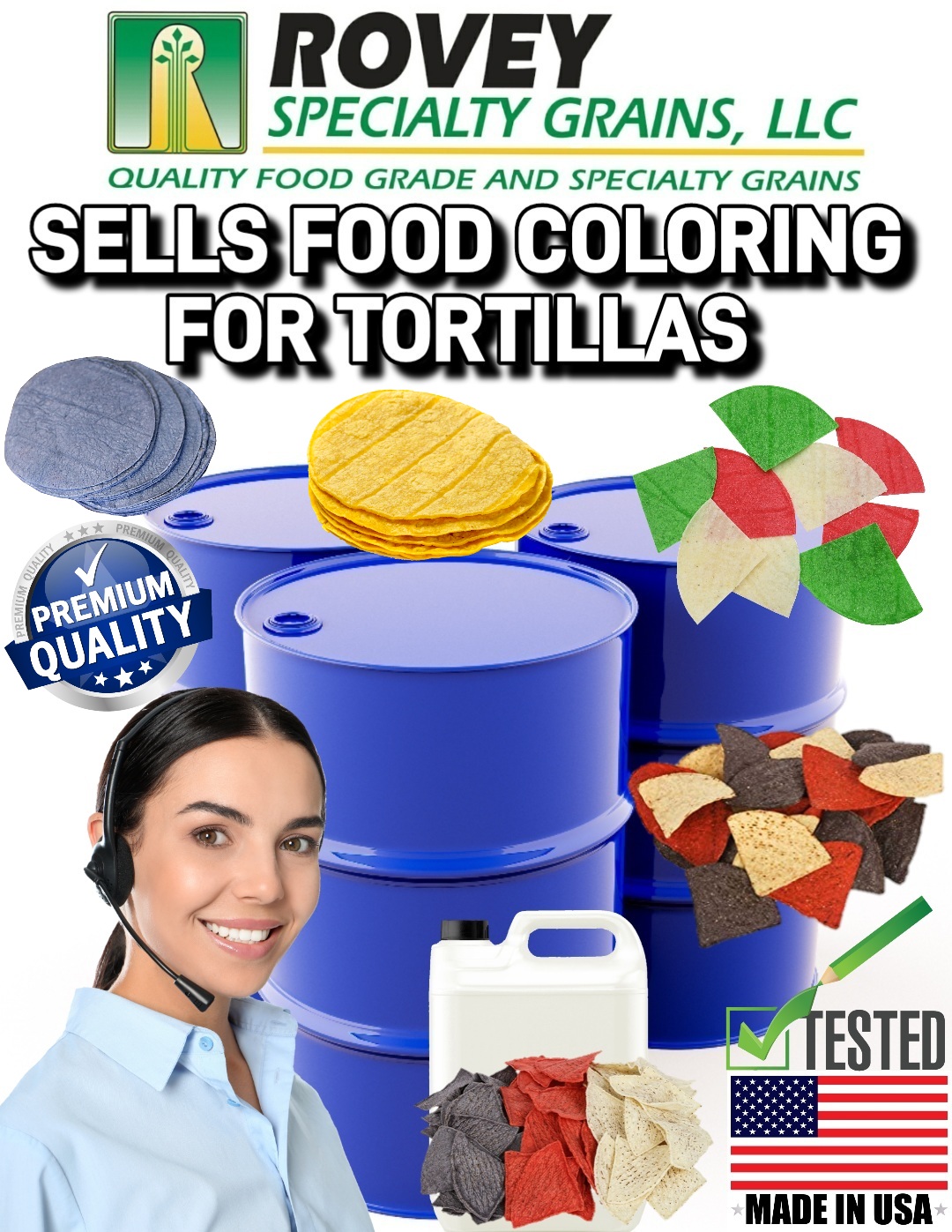 Tortilla food coloring made by Alliance food ingredients in most popular colors with no taste or odor in stock. Call Rovey Specialty Grains at 217-227-4541. Hablamos Español. Rovey Specialty Grains, LLC. "Quality Ingredients, Quality Tortillas" www.roveyseed.com Tortilla food coloring made by Alliance food ingredients in most popular colors with no taste or odor in stock. Call Rovey Specialty Grains at 217-227-4541. Hablamos Español. Rovey Specialty Grains, LLC. "Quality Ingredients, Quality Tortillas" www.roveyseed.com